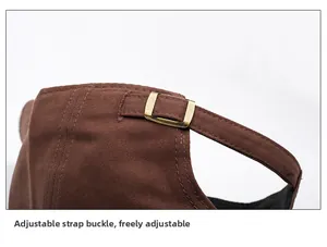 Detail of dark brown baseball cap featuring an adjustable vintage metal buckle at the back