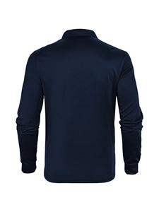 Detailed back view of a navy blue long-sleeved polo shirt showing breathable mesh texture