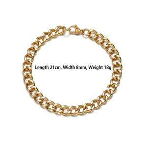 Classic 8mm gold-plated stainless steel curb chain bracelet for men with 21cm total length