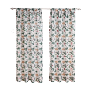 Christmas theme blackout curtains with festive tree prints and stars on white fabric