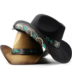 Western Cowboy Straw Hat Ethnic Embroidered Band Butterfly Buckle Sun Protection Summer Retro Jazz Cap Women Men