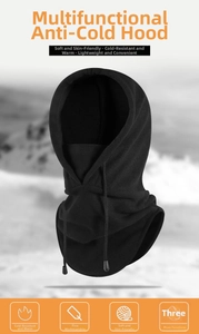 Detail of black fleece cycling mask with adjustable drawstring and integrated neck warmer