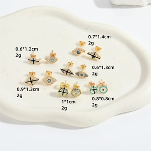 Gold evil eye and fish stud earrings set with blue cubic zirconia and dimensions
