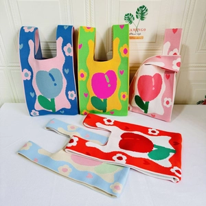 Polyester Knitted Tote Bag Aesthetic Floral Animal Patterns Portable Versatile Handbags For Women Streetwear