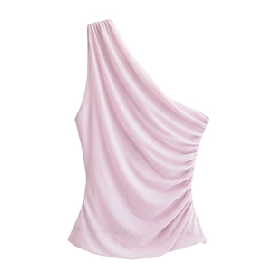 Pink one shoulder ruched asymmetric top for women in a minimalist flat lay presentation