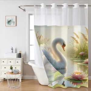 Waterproof double-layer shower curtain with swan and lotus print and metal rings