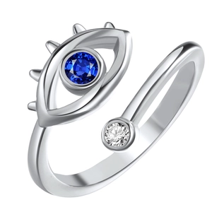 Evil eye open ring with blue sapphire center and clear zircon on silver band
