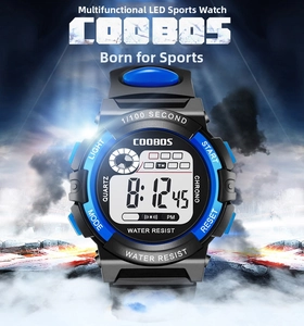 Close-up of waterproof LED digital sports watch with blue bezel and rugged strap