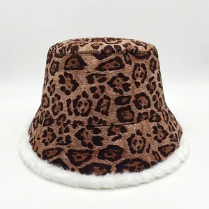 Leopard print plush bucket hat size guide showing height, brim width, and circumference