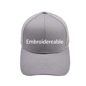 Light gray ponytail trucker hat with mesh back and customizable front panel for women