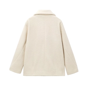 Flat lay back view of creamy white wool coat featuring short cut and wide lapel collar