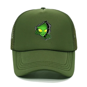 Detail of army green trucker hat featuring alien print and breathable mesh back