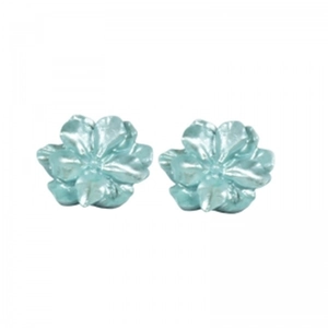 Detailed view of light blue floral earrings with a pearlescent finish on white background