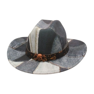 Chapeau de cowboy vintage en patchwork denim Union Jack avec décor de crâne en métal