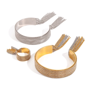 Polished stainless steel jewelry set with beaded mesh bracelets and matching tassel ring