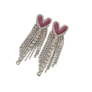 Boucles d'oreilles vintage cœur rose avec pompon en strass étincelants pour femmes