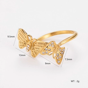 Minimalist gold butterfly ring with rhinestone inlay and detailed size measurements