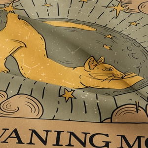 Bohemian tarot tapestry featuring a yellow cat on crescent moon with starry star pattern
