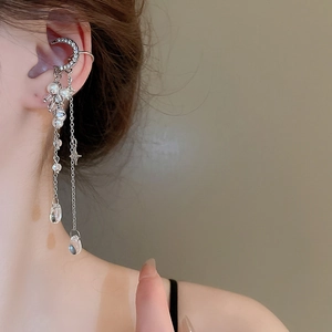 Elegant silver moon star ear cuff with diamond tassels and pearls for non-pierced ears