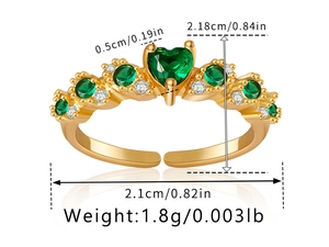 Detailed size specifications for adjustable emerald heart ring with dimension markings