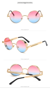 Steampunk round sunglasses with gold frame, blue pink gradient lenses and spring temple detail