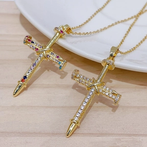 Hip Hop Cross Pendant Necklace 14K Gold Plated Copper Micro Pave Zircon Nail Shape Fashion Jewelry Clavicle Chain