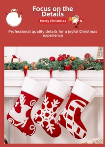 Detailed view of three red Christmas stockings with plush white cuffs on a fireplace mantle