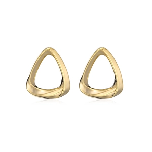 Close-up of gold-plated copper earrings with a twisted irregular triangular design