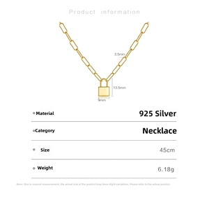 Detailed specs of the 925 silver gold lock pendant necklace with dimensions and weight