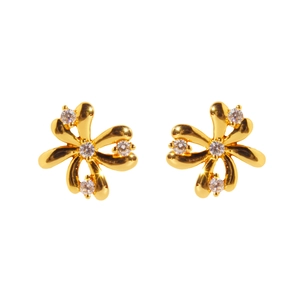 Elegant gold flower stud earrings with sparkling cubic zirconia on white background