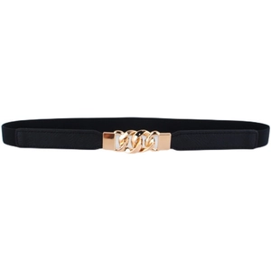 Minimalist black elastic waist belt with a golden metal chain buckle on white background