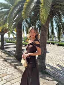 Elegant chocolate brown one-shoulder ruched maxi dress with side slit for summer