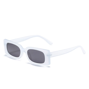 Retro rectangular sunglasses with frosted transparent frames and dark lenses shown at 45 degrees