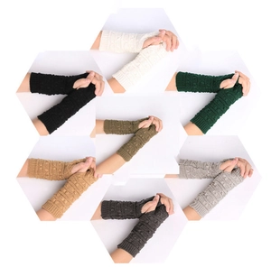 Detailed knit texture of cable-knit fingerless gloves in multiple colors for winter