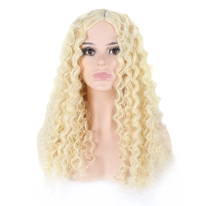 Detailed view of long golden afro kinky curly synthetic wig with natural wavy texture