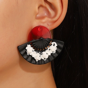 New Chinese style fan earrings with 3D white roses and red resin studs for women