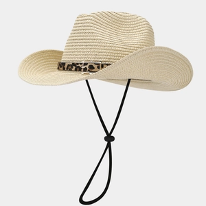 Women Straw Cowboy Hat Leopard Print Belt Buckle Breathable Wide Brim Summer Beach Sun Protection Adjustable Rope