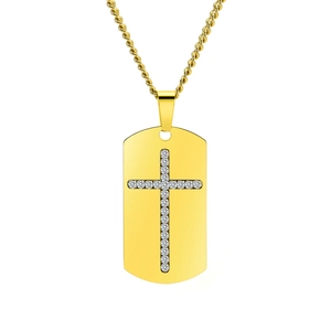 Golden military tag pendant necklace with crystal cross on a twisted rope chain