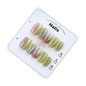 Rainbow gradient cat-eye press-on nails set with 10 short round handmade nail tips