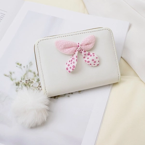 Cute white polka dot bow mini wallet with zipper and fluffy pom-pom pendant for women
