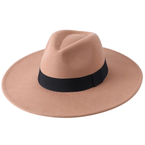 Classic wide-brimmed camel wool fedora hat with elegant black decorative ribbon band