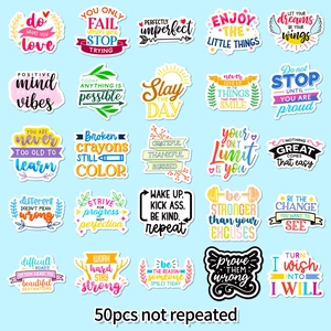 Set of 50 unique inspirational quote stickers for water bottles in a colorful grid layout
