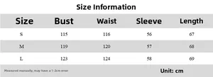 Size chart for casual long sleeve crop top showing bust and length measurements in cm