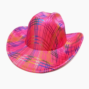 Detail of neon pink western cowboy hat with iridescent rainbow grid texture