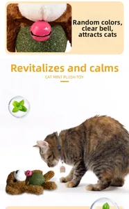 Close-up of catmint plush bear toy featuring a green catnip ball and pink metal bell