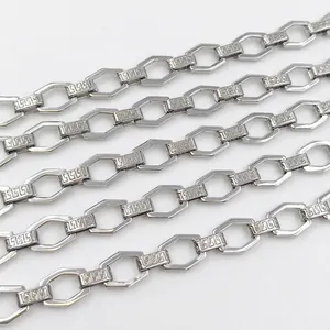 Polished silver stainless steel chain featuring Greek key patterns and octagonal links