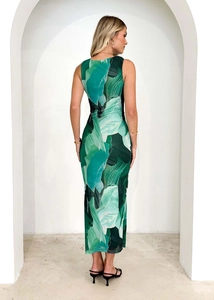 Slim fit sleeveless green floral maxi dress with back view on a white background