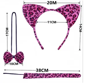 Size chart showing leopard print cat ear headband, bow tie, and tail dimensions in cm