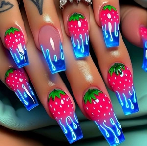Long coffin strawberry press-on nails with creative neon blue fluid art design