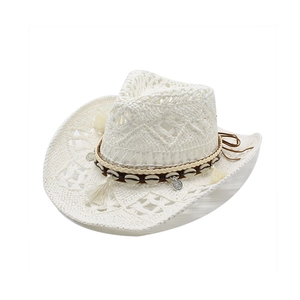 White woven western cowboy hat with seashell and tassel decorative band for summer